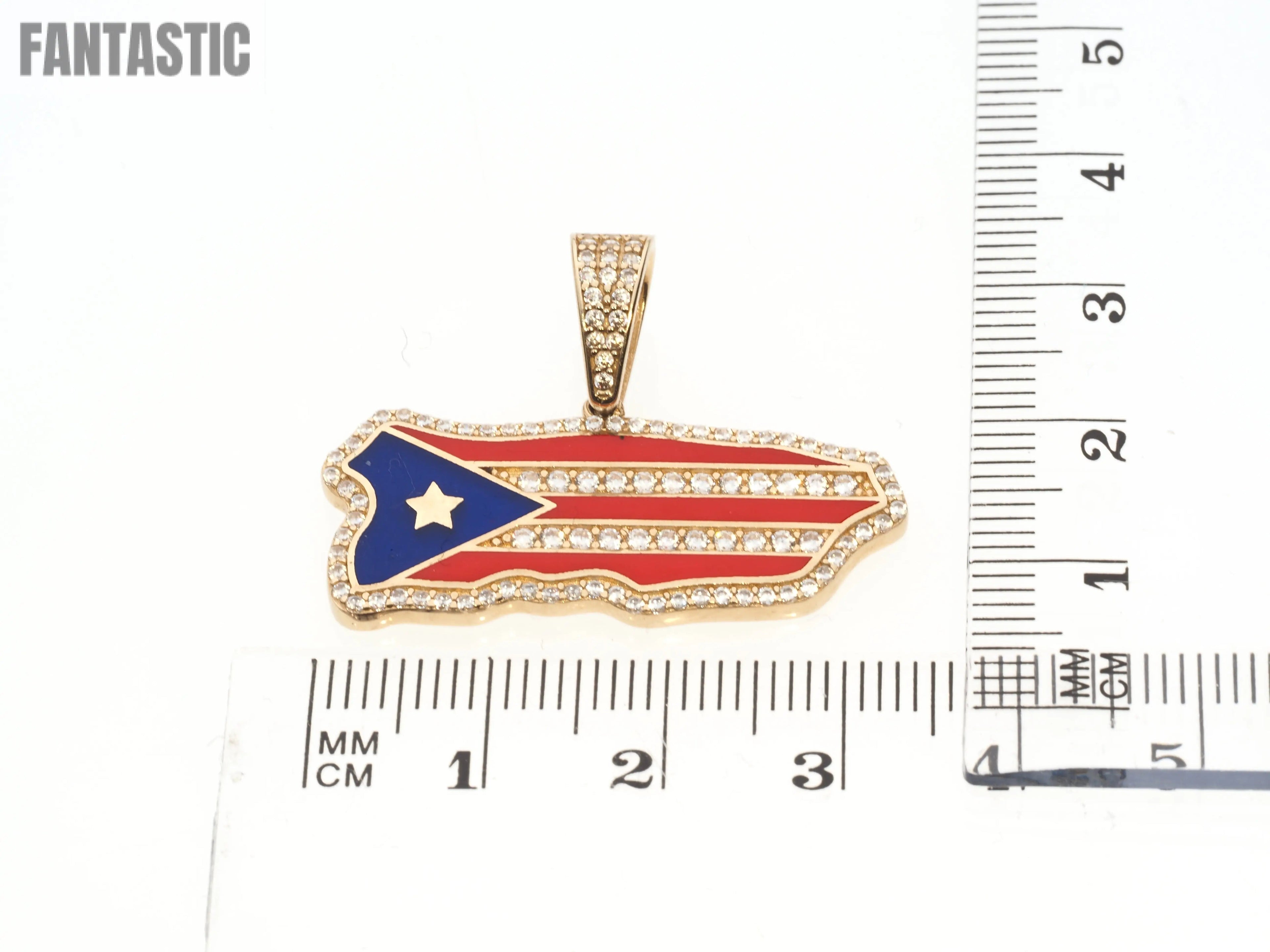 14K Gold CZ Puerto Rico Map Flag Pendant