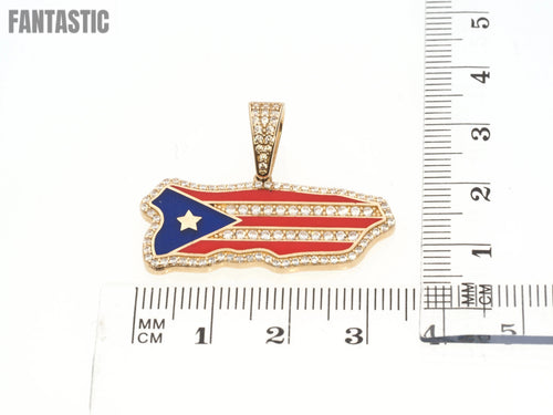 14K Gold CZ Puerto Rico Map Flag Pendant