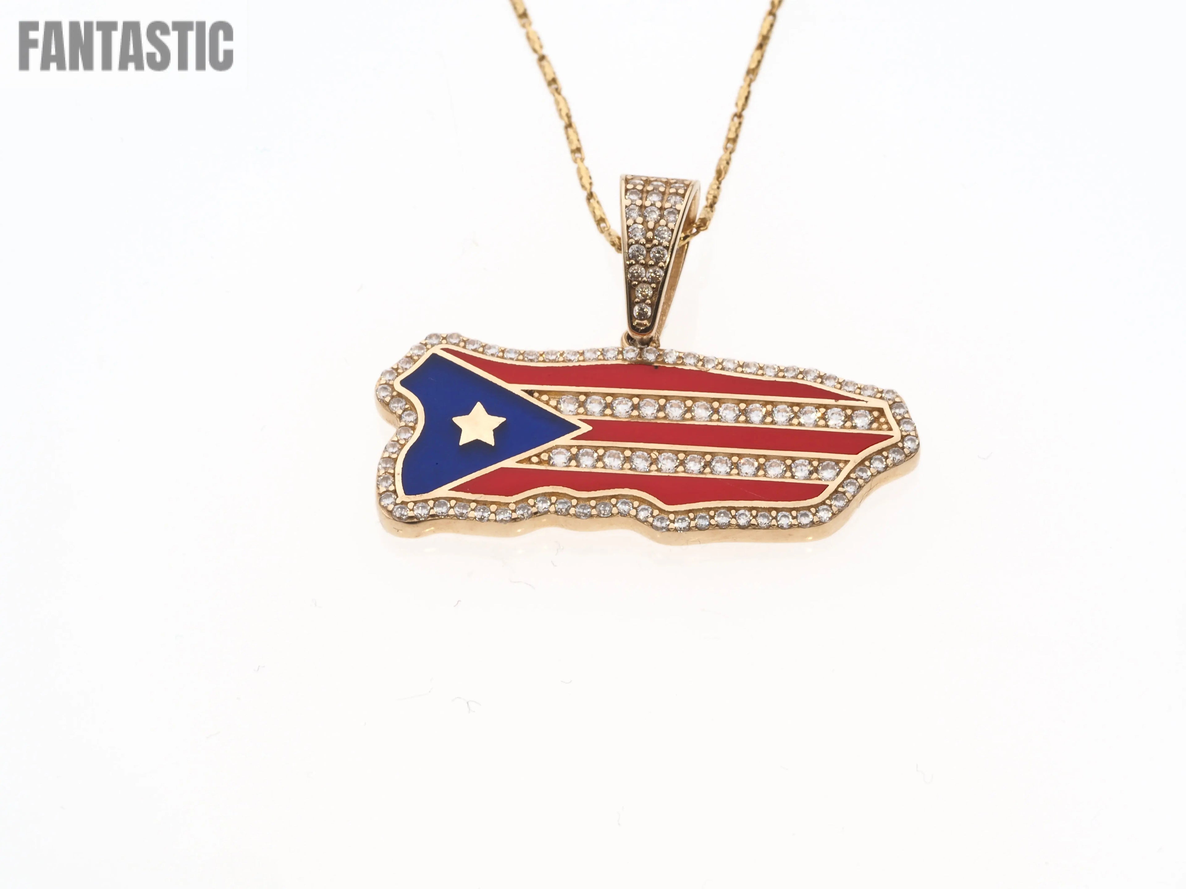 14K Gold CZ Puerto Rico Map Flag Pendant